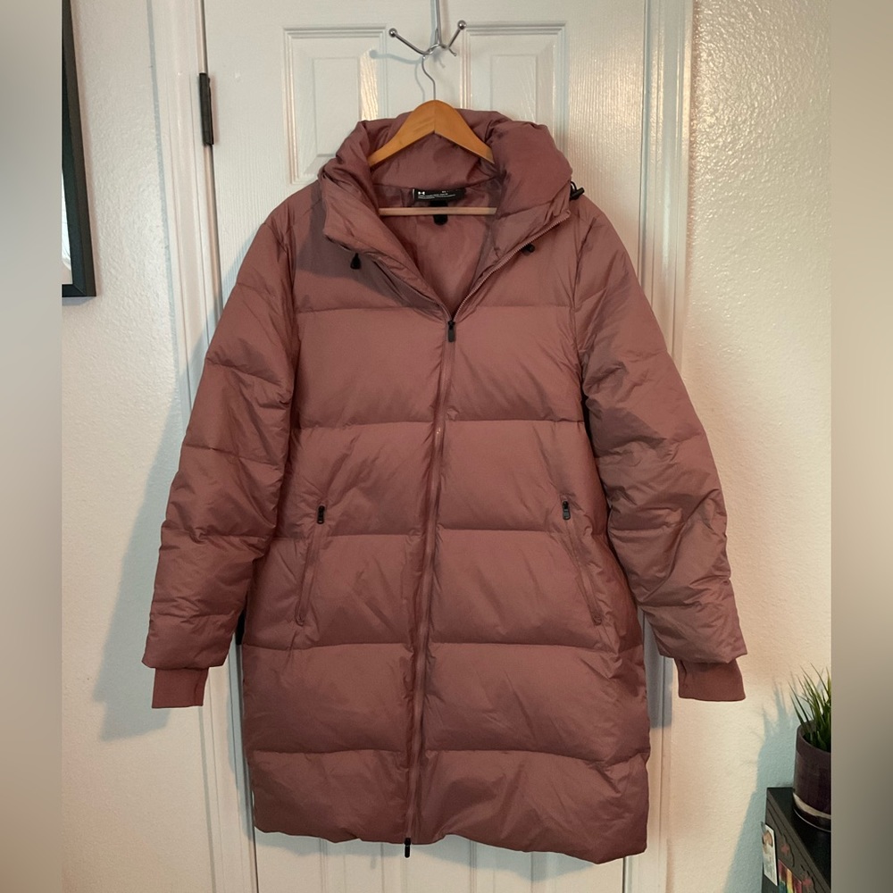 Under Armour Womens XL Parka Puffer Winter Jacket Down Pink Asymmetrical Hood UA